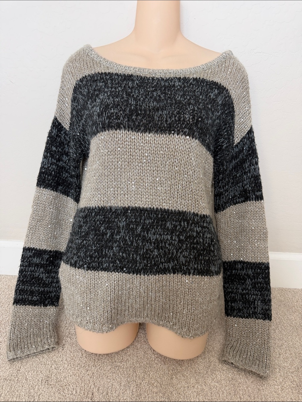 Ann Taylor LOFT Off-the-Shoulder Striped Sweater in Gray and Black